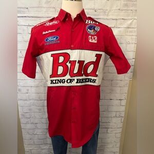 Ralphs Budweiser King Of Beers Size L Racing Crew Red Button Down Shirt‎ Vintage